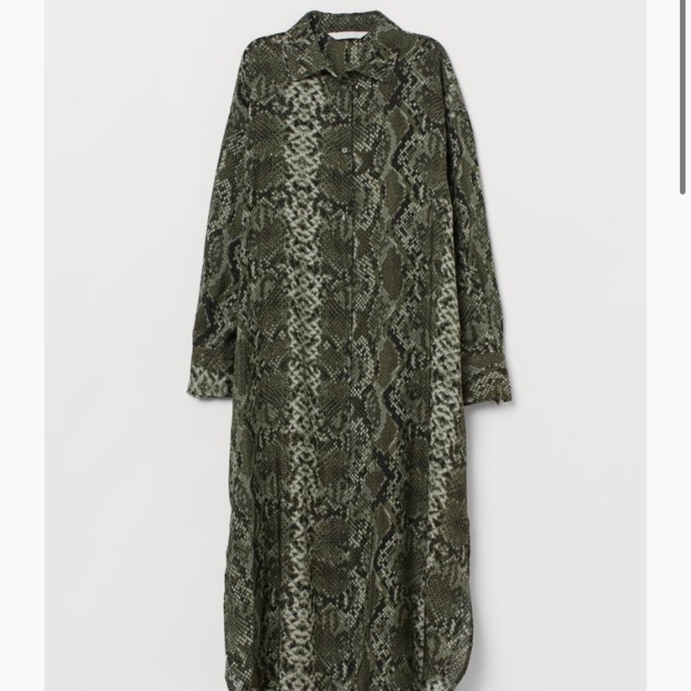 H&M LONG GREEN BLACK ANIMAL PRINT SHIRT DRESS XL